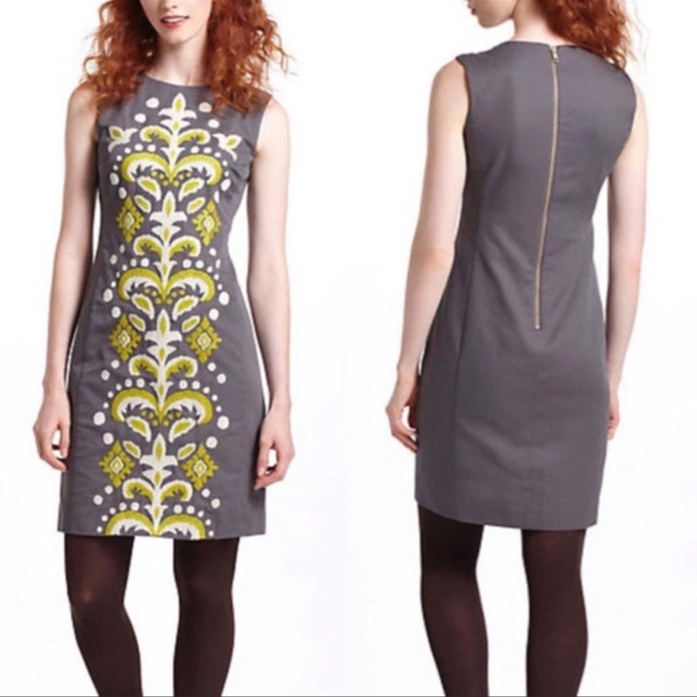 ANTHROPOLOGIE TABITHA GREY EMBROIDERED SLEEVELESS MINI FITTED DRESS